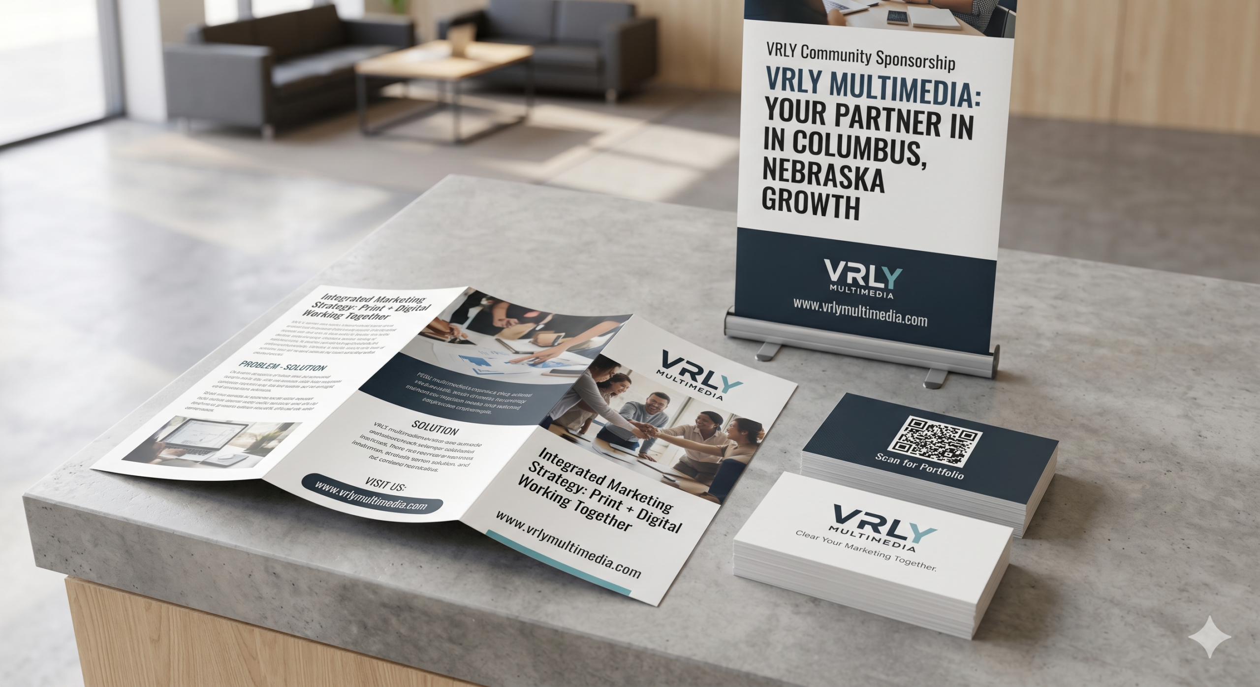 A professional set of printed marketing materials including business cards, brochures, and a banner displayed on a clean surface