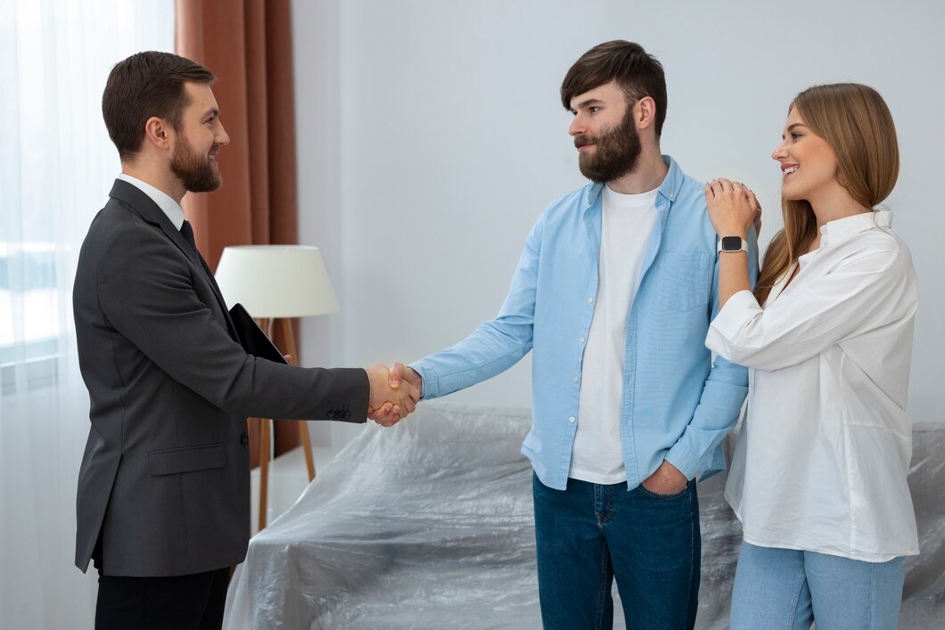 Real estate agent shaking hands with a smiling couple in a new home