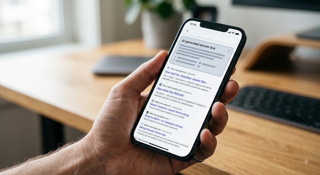 Person using a smartphone to search for answers online, representing AI-driven search and customer questions.